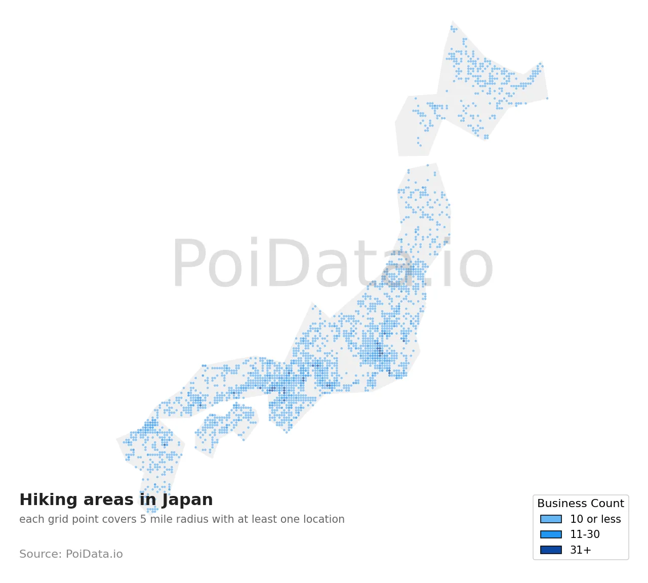 Hiking area density map for Japan