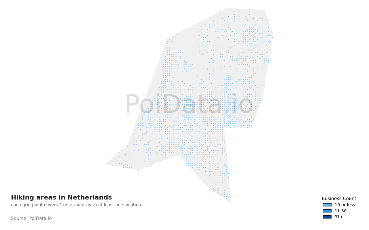 Hiking area density map for Netherlands