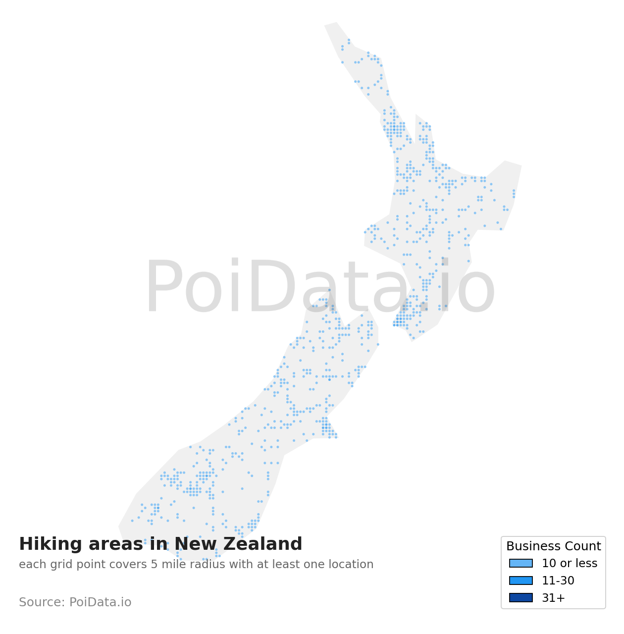 Hiking area density map for New Zealand