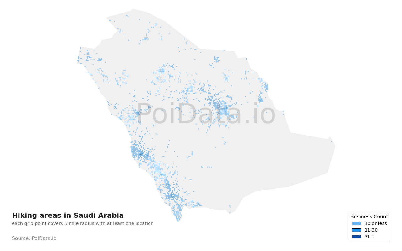 Hiking area density map for Saudi Arabia