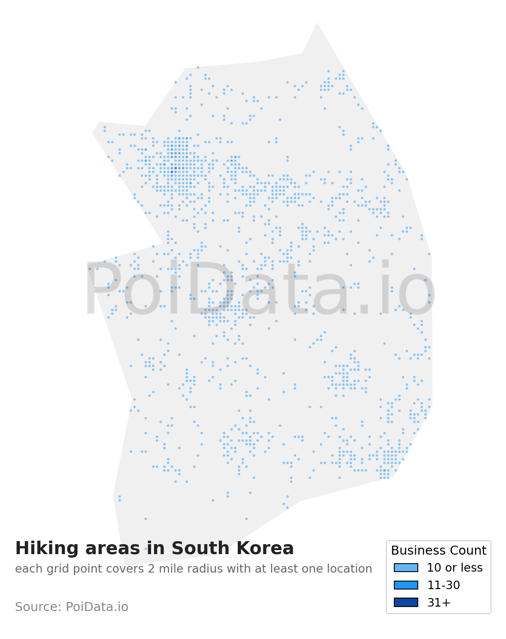 Hiking area density map for South Korea