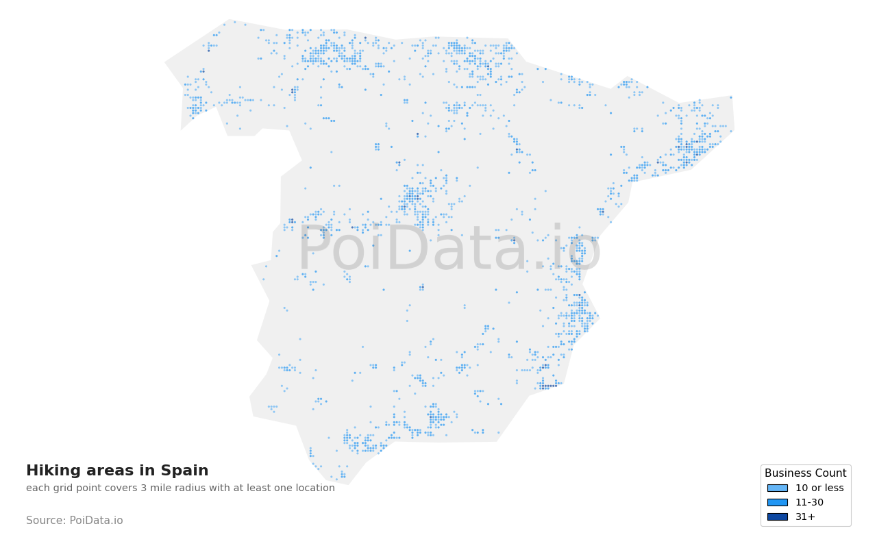Hiking area density map for Spain