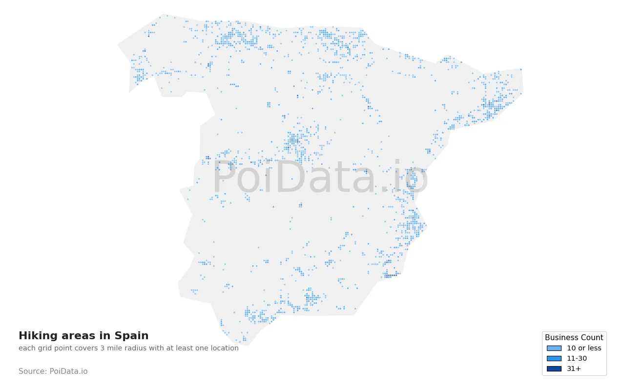 Hiking area density map for Spain