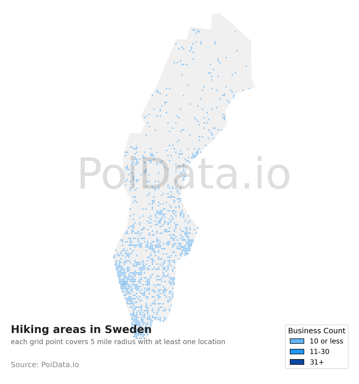 Hiking area density map for Sweden