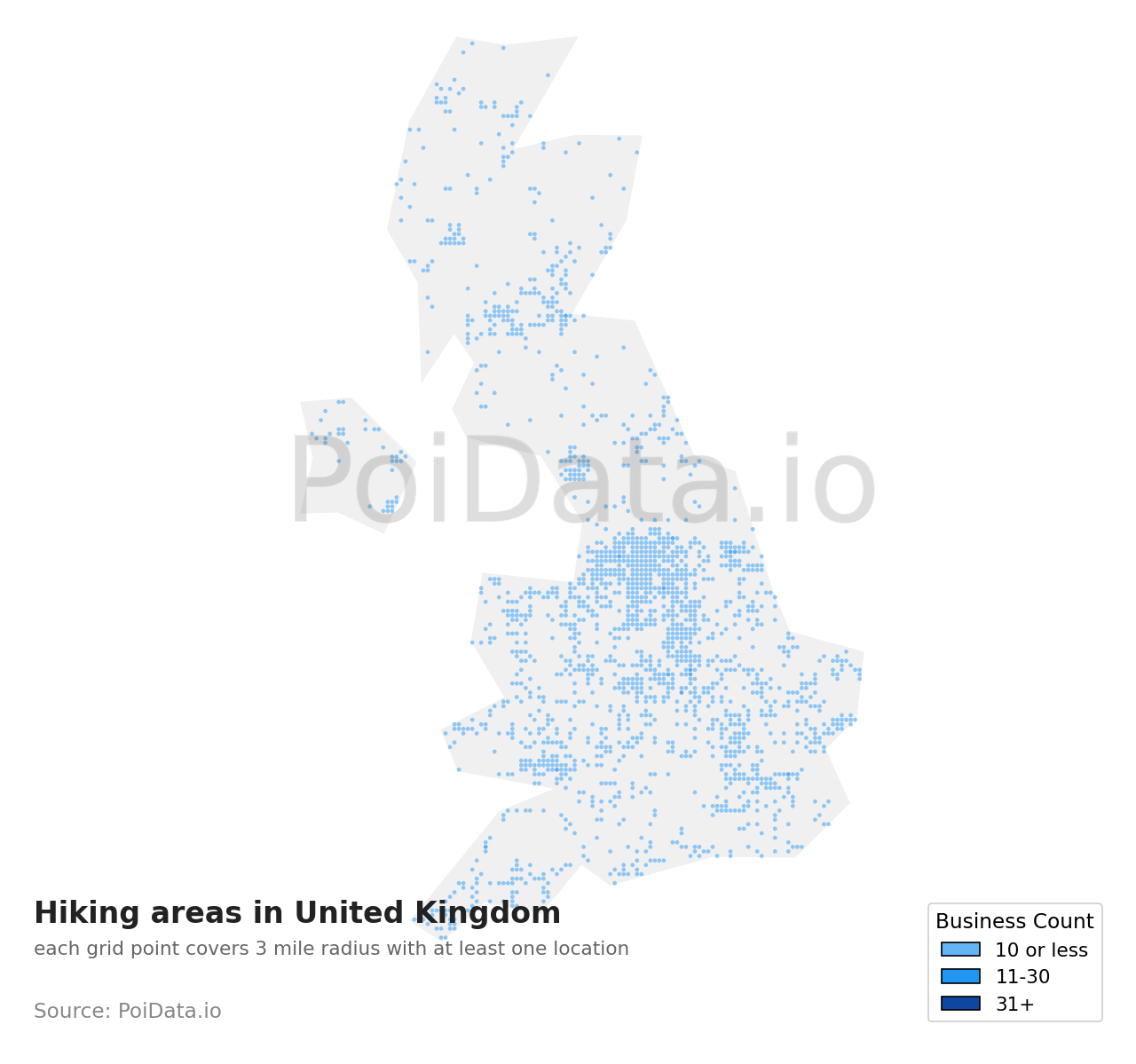 Hiking area density map for United Kingdom