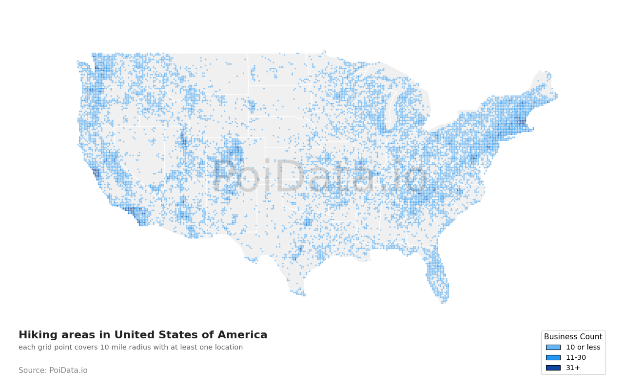 Hiking area density map for United States