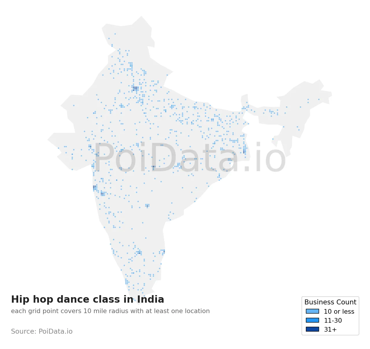 Hip hop dance class density map for India
