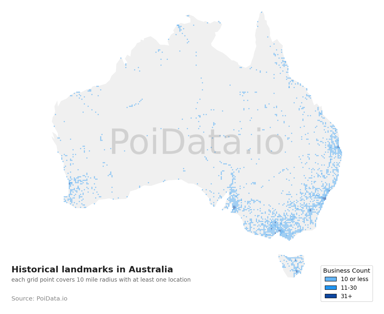 Historical landmark density map for Australia