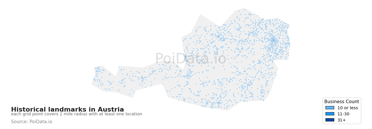 Historical landmark density map for Austria