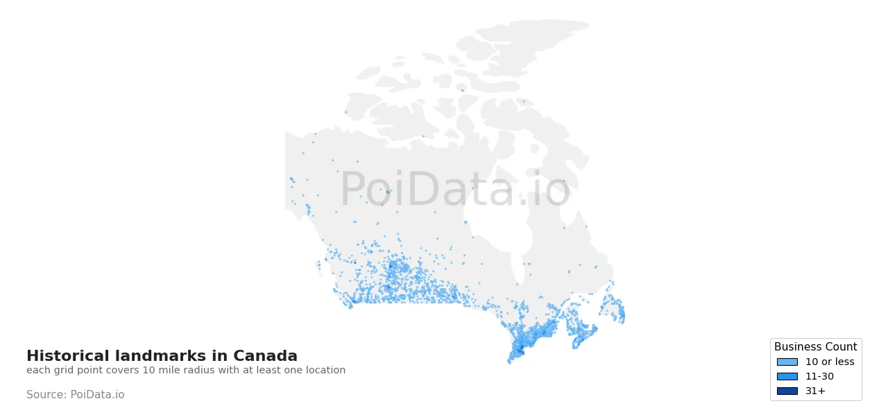 Historical landmark density map for Canada