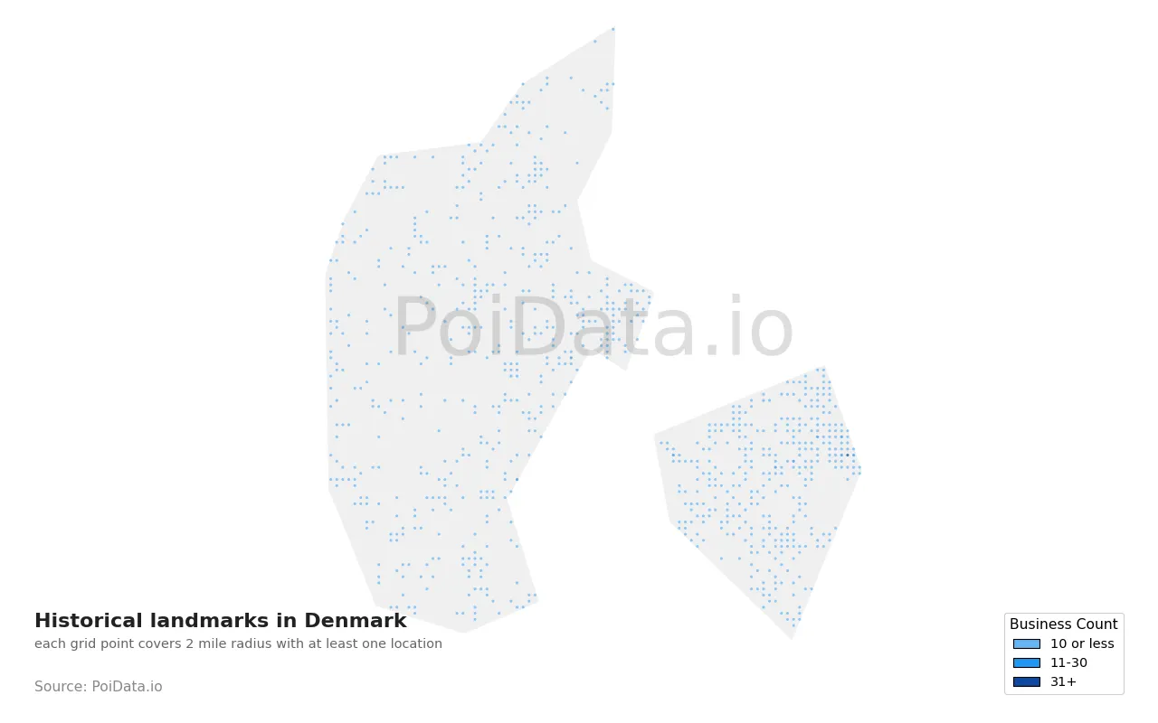 Historical landmark density map for Denmark