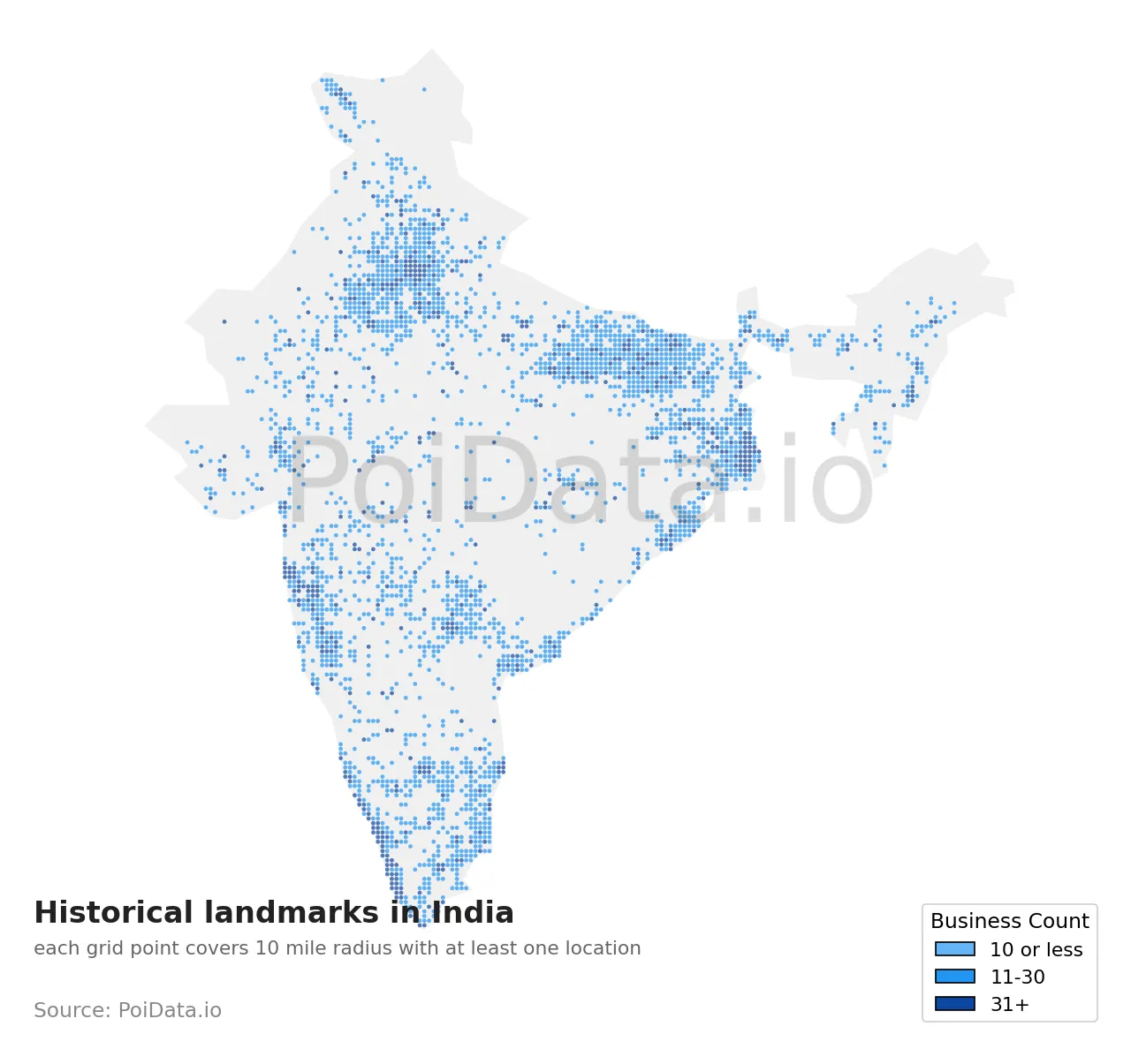 Historical landmark density map for India