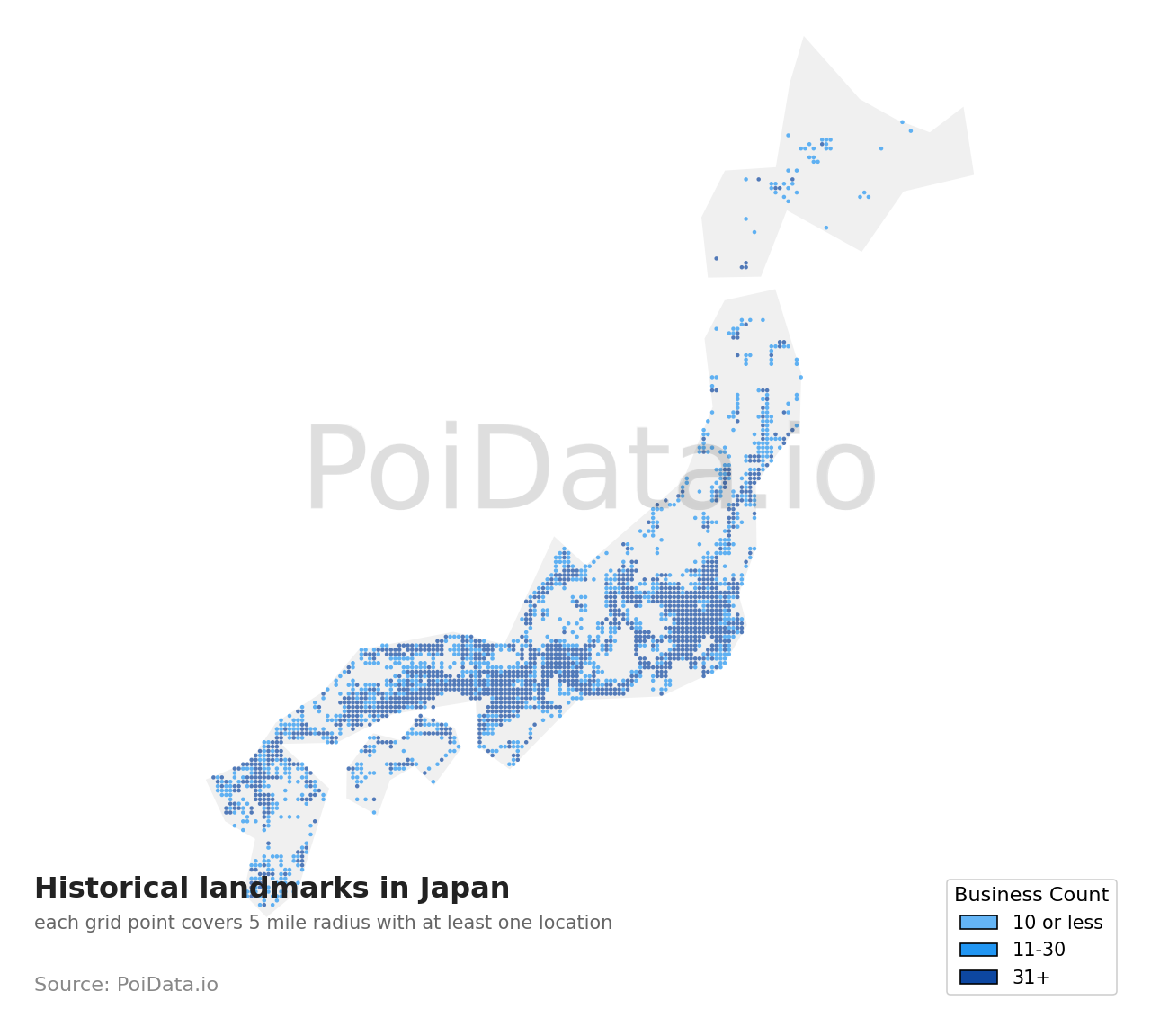 Historical landmark density map for Japan