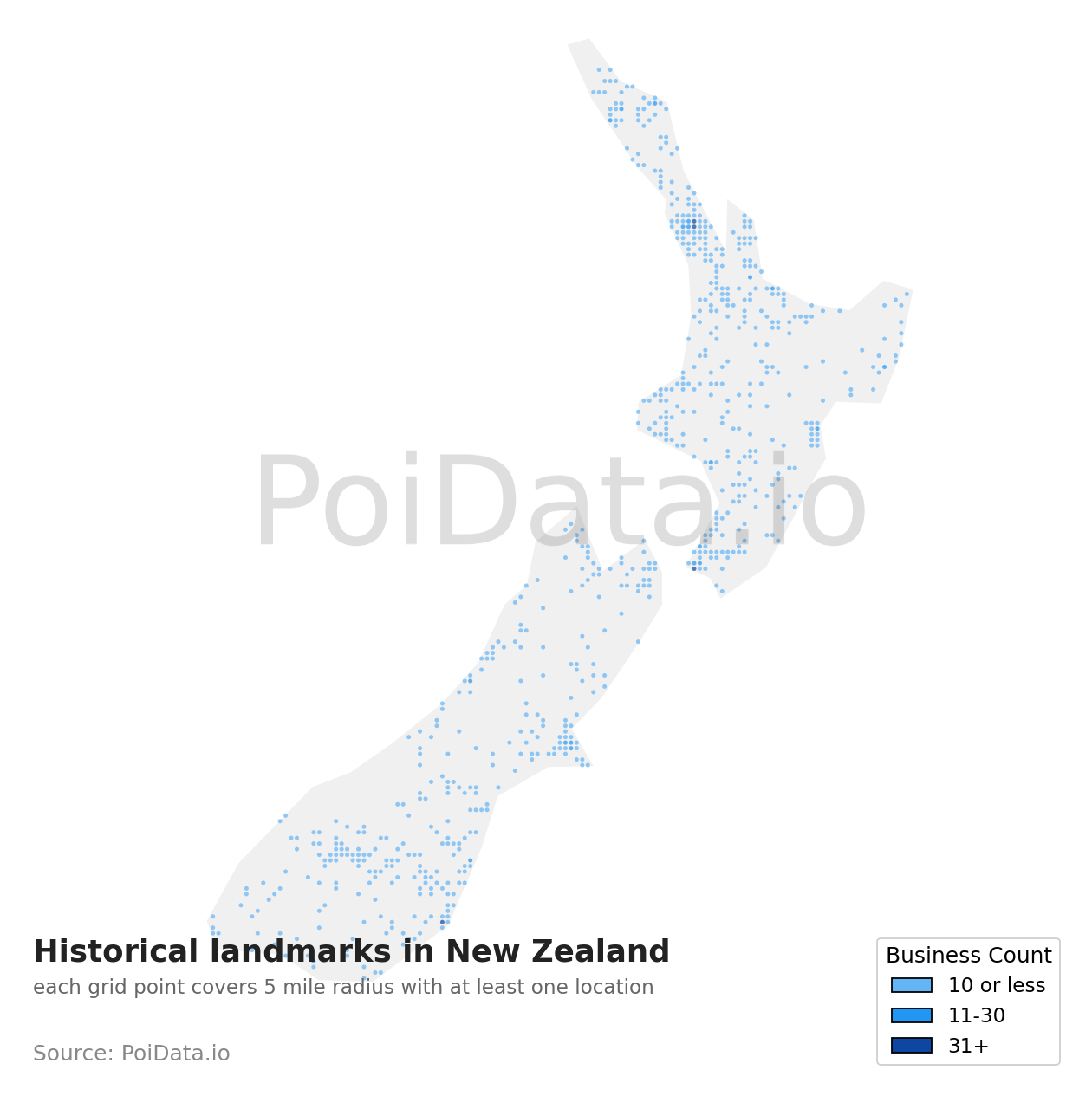Historical landmark density map for New Zealand