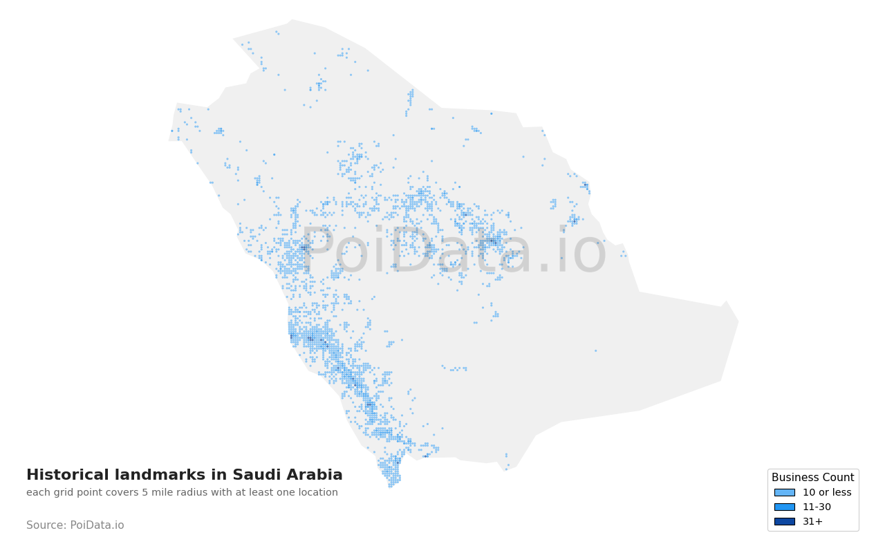 Historical landmark density map for Saudi Arabia