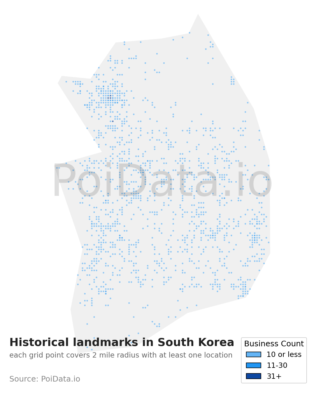 Historical landmark density map for South Korea