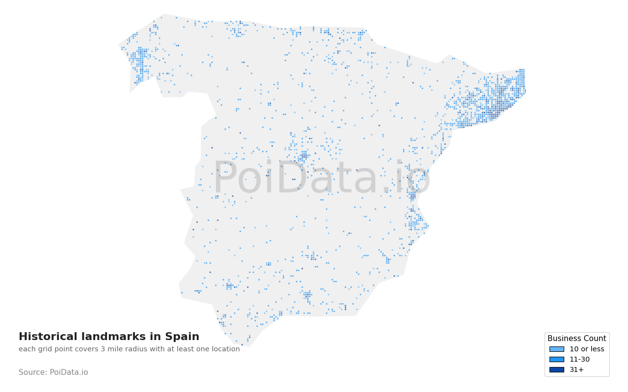 Historical landmark density map for Spain