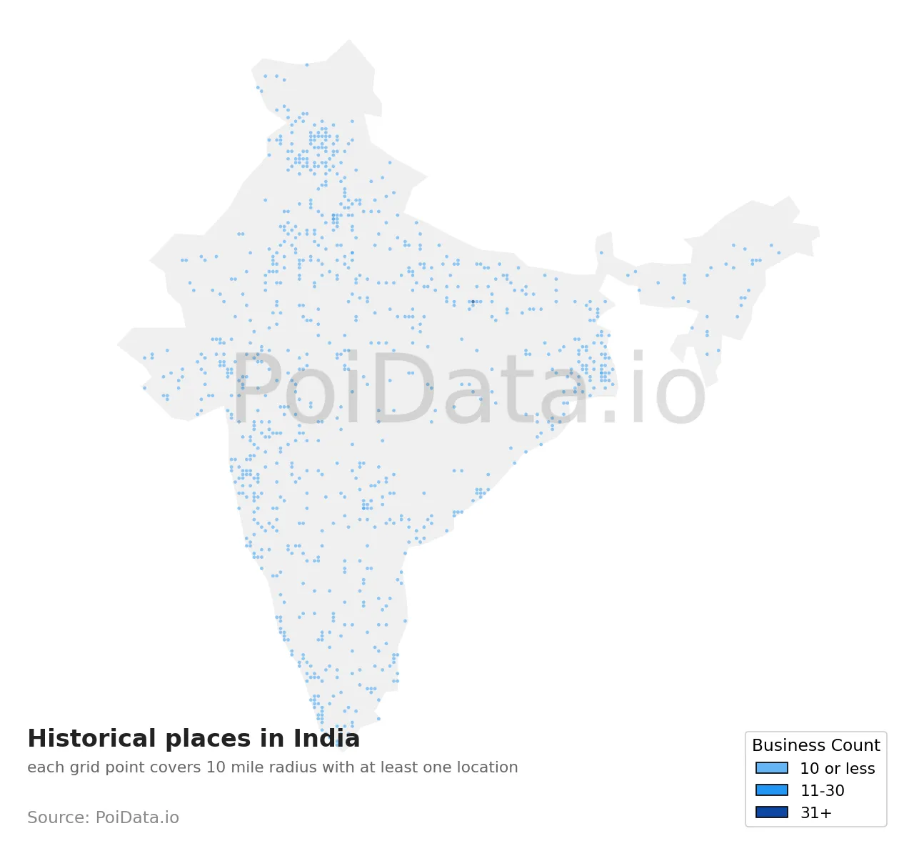 Historical place density map for India