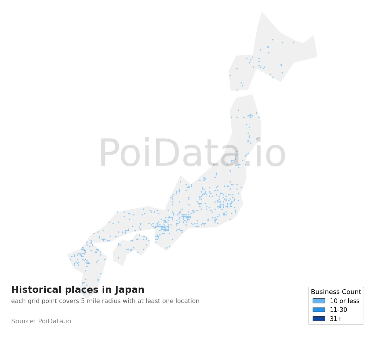 Historical place density map for Japan