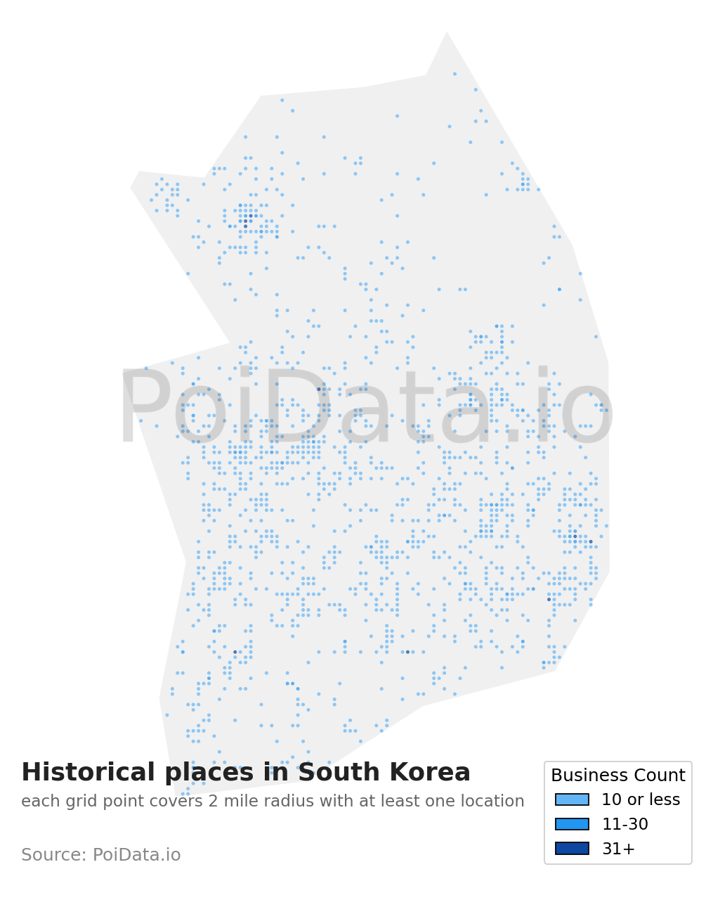 Historical place density map for South Korea
