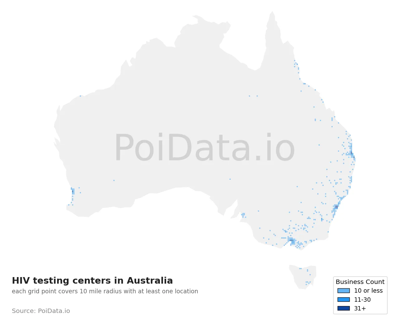 HIV testing center density map for Australia