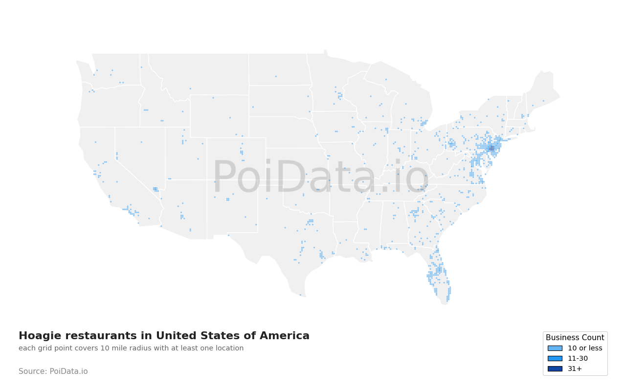 Hoagie restaurant density map for United States