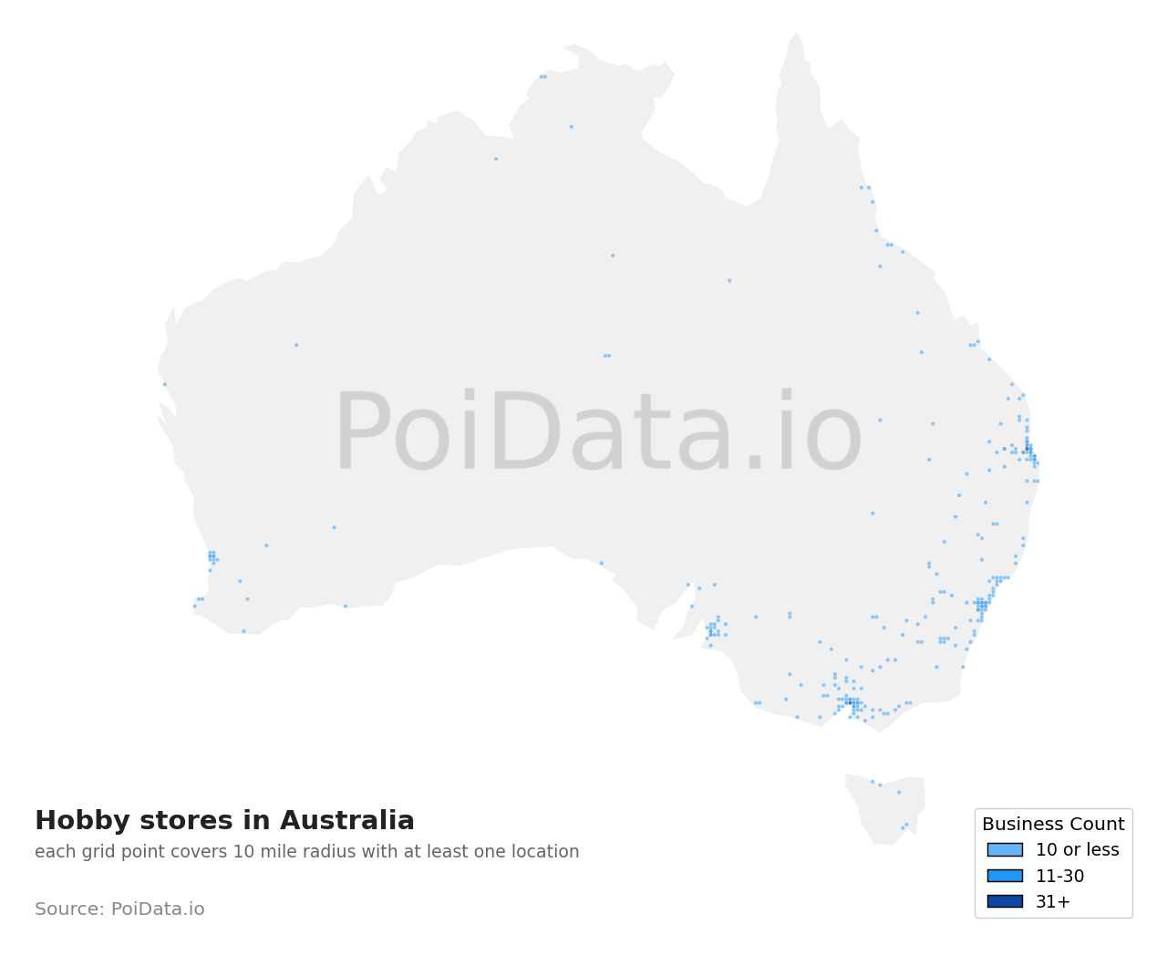 Hobby store density map for Western Australia, Australia