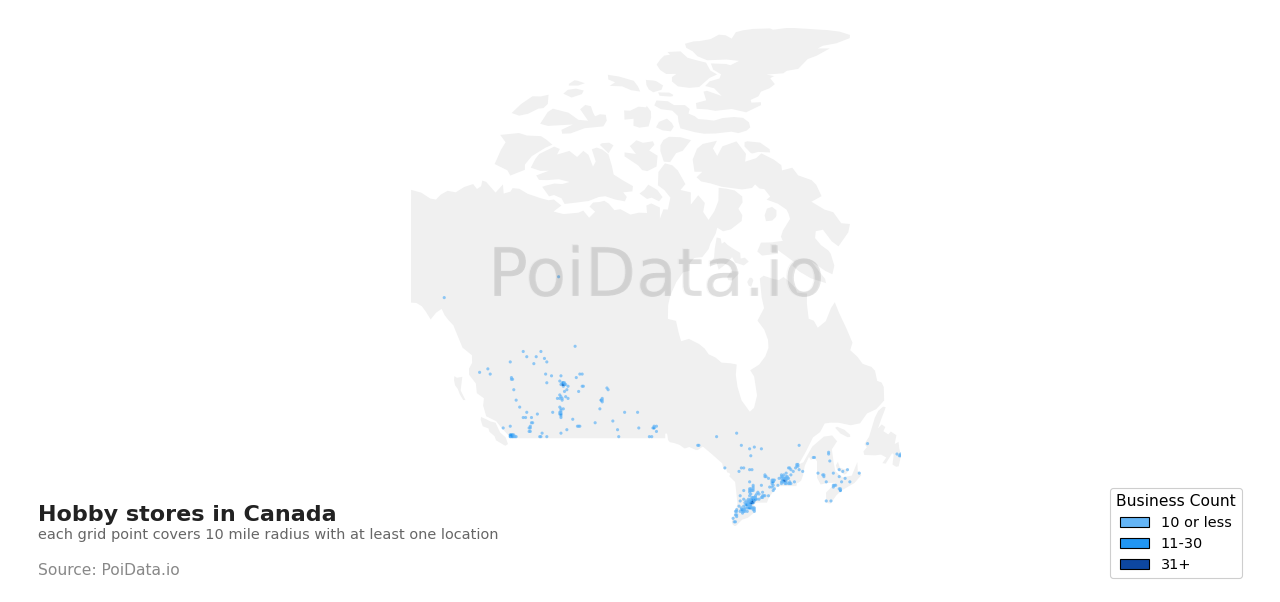 Hobby store density map for New Brunswick, Canada