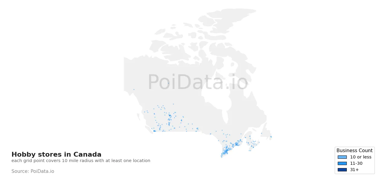Hobby store density map for Canada
