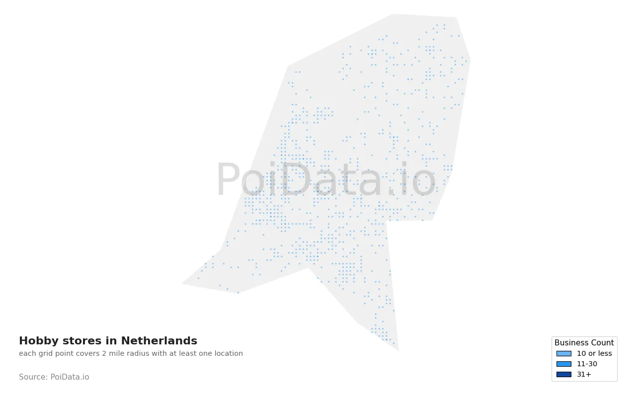 Hobby store density map for Netherlands