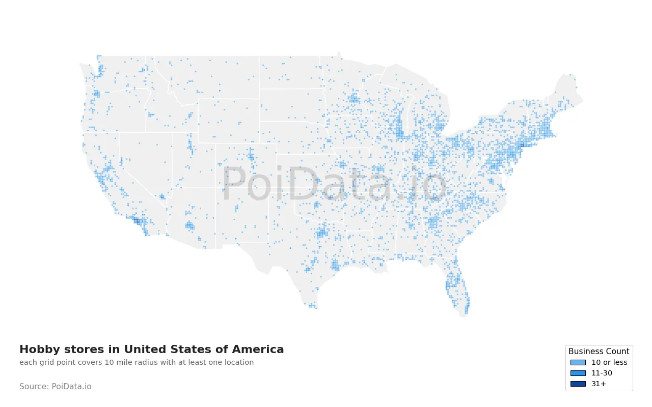 Hobby store density map for United States
