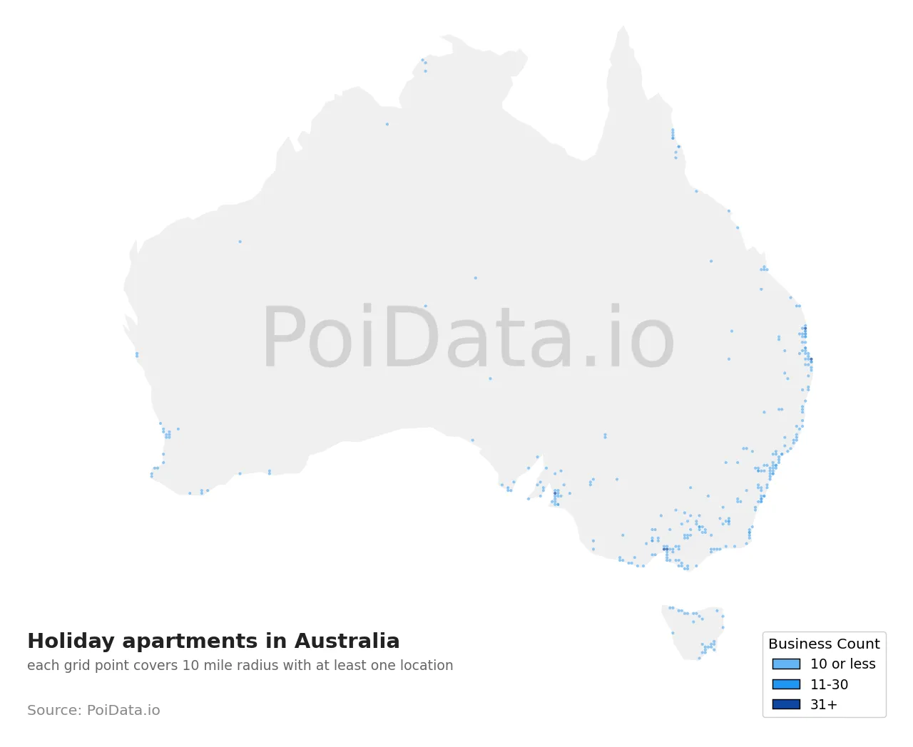 Holiday apartment density map for Australia