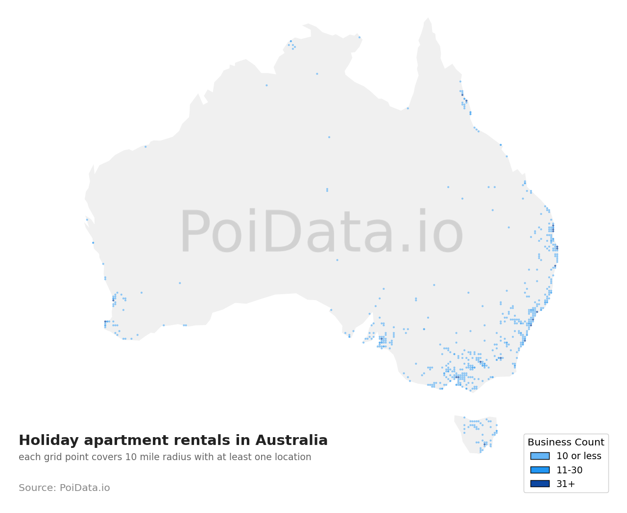 Holiday apartment rental density map for South Australia, Australia