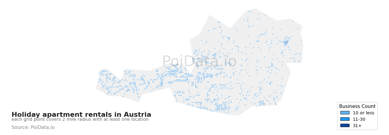 Holiday apartment rental density map for Austria
