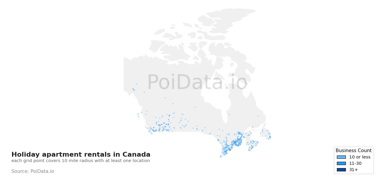 Holiday apartment rental density map for Manitoba, Canada