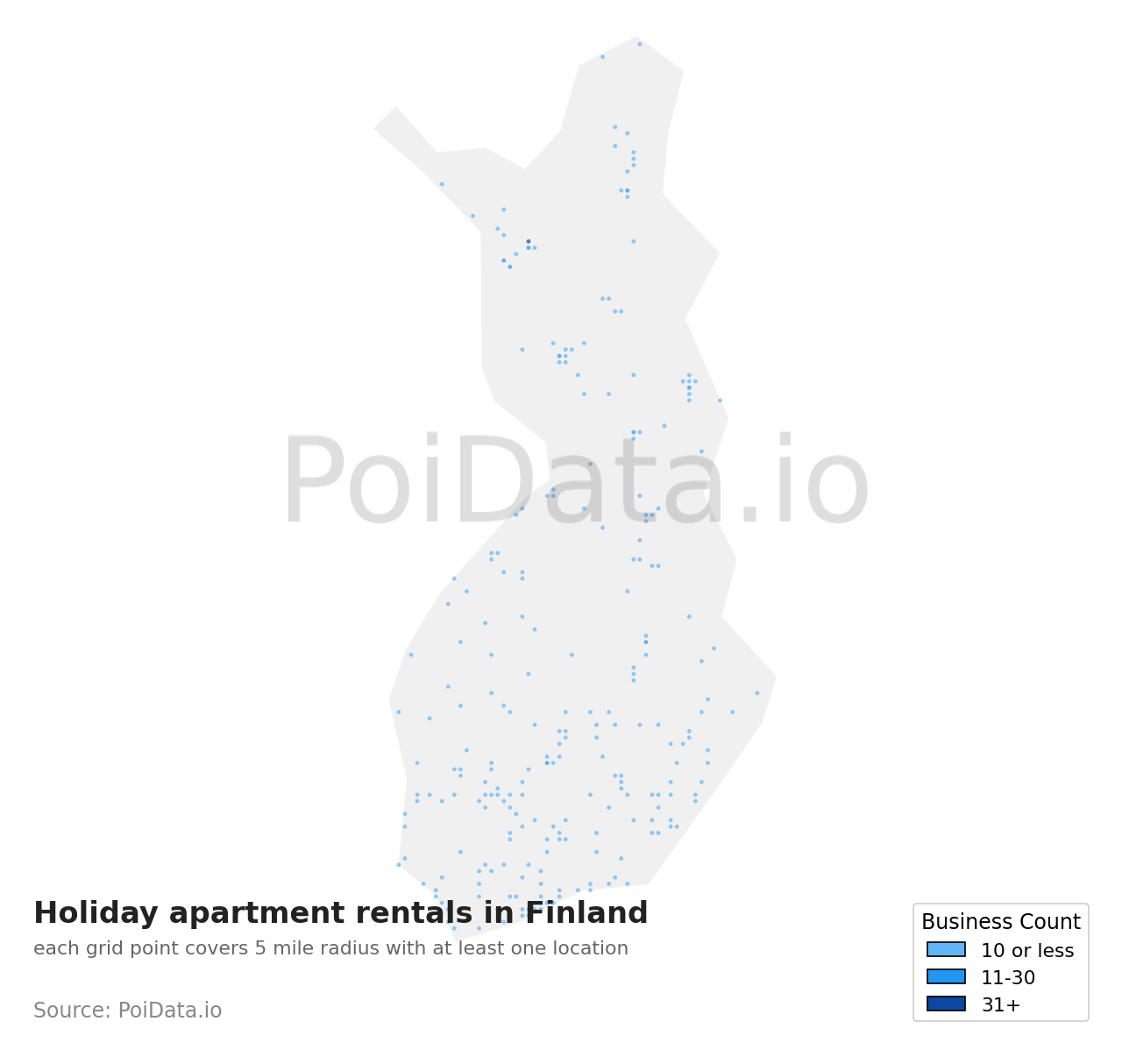 Holiday apartment rental density map for Finland