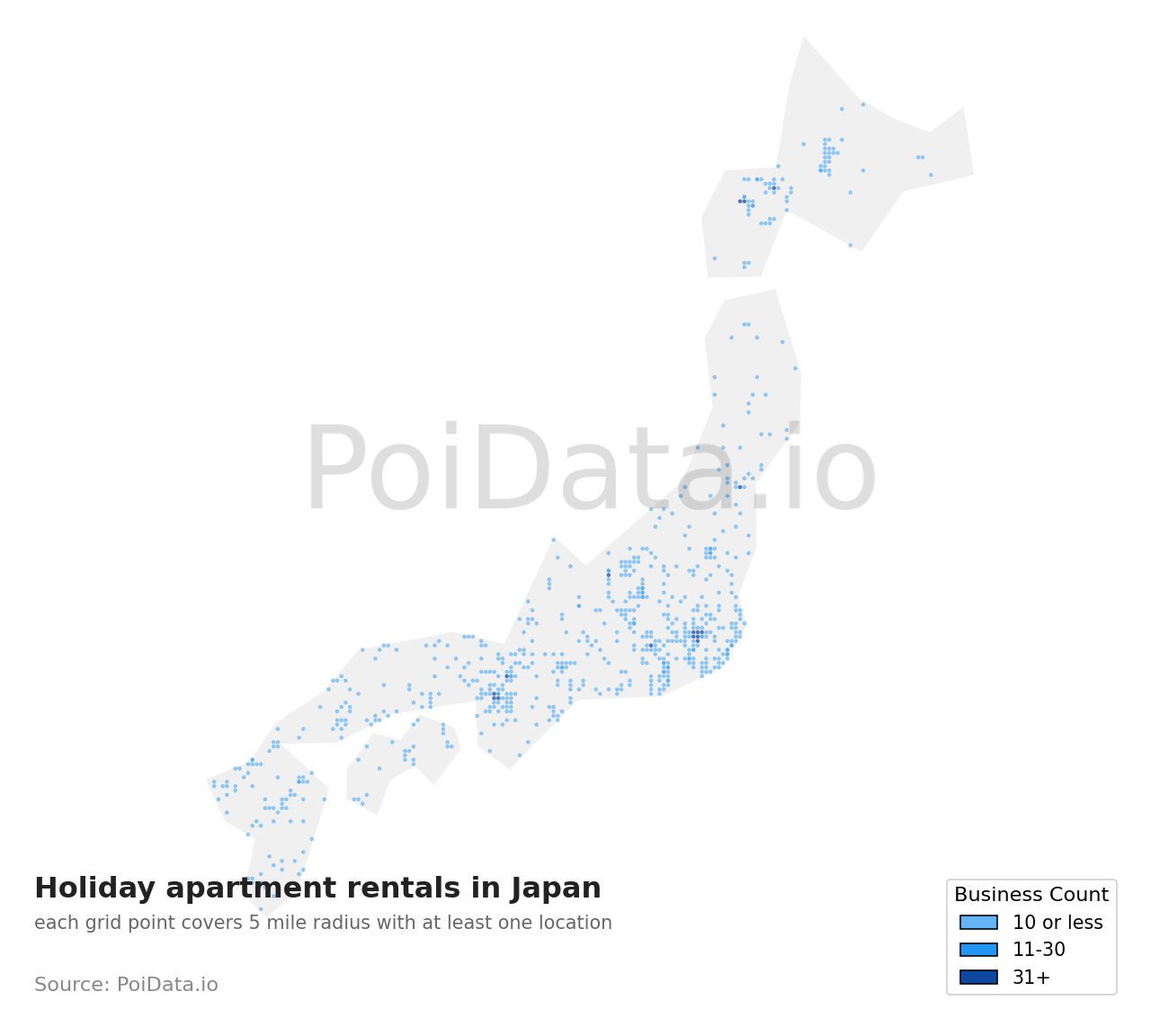 Holiday apartment rental density map for Gunma, Japan