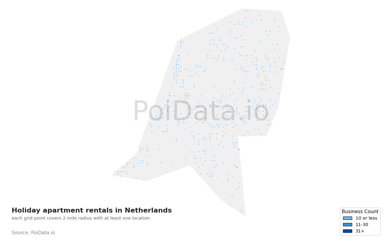 Holiday apartment rental density map for Netherlands