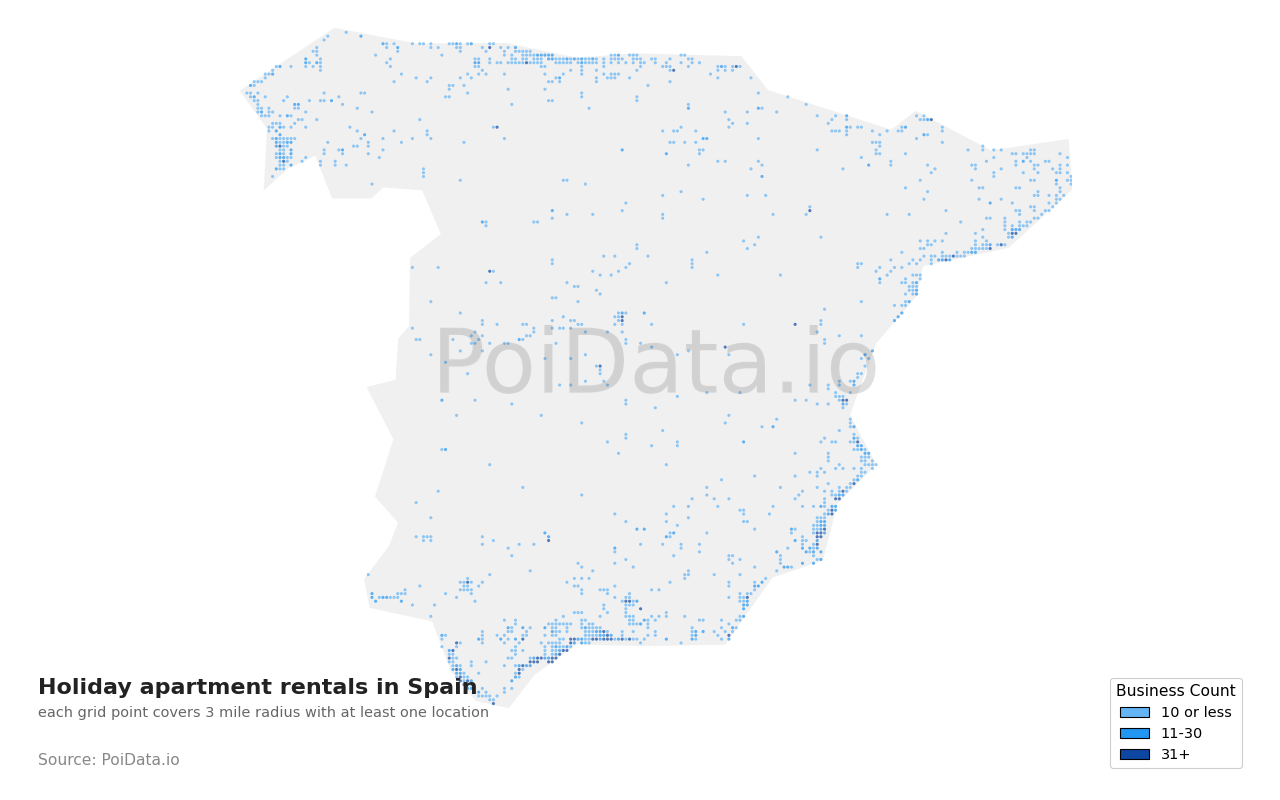 Holiday apartment rental density map for Spain