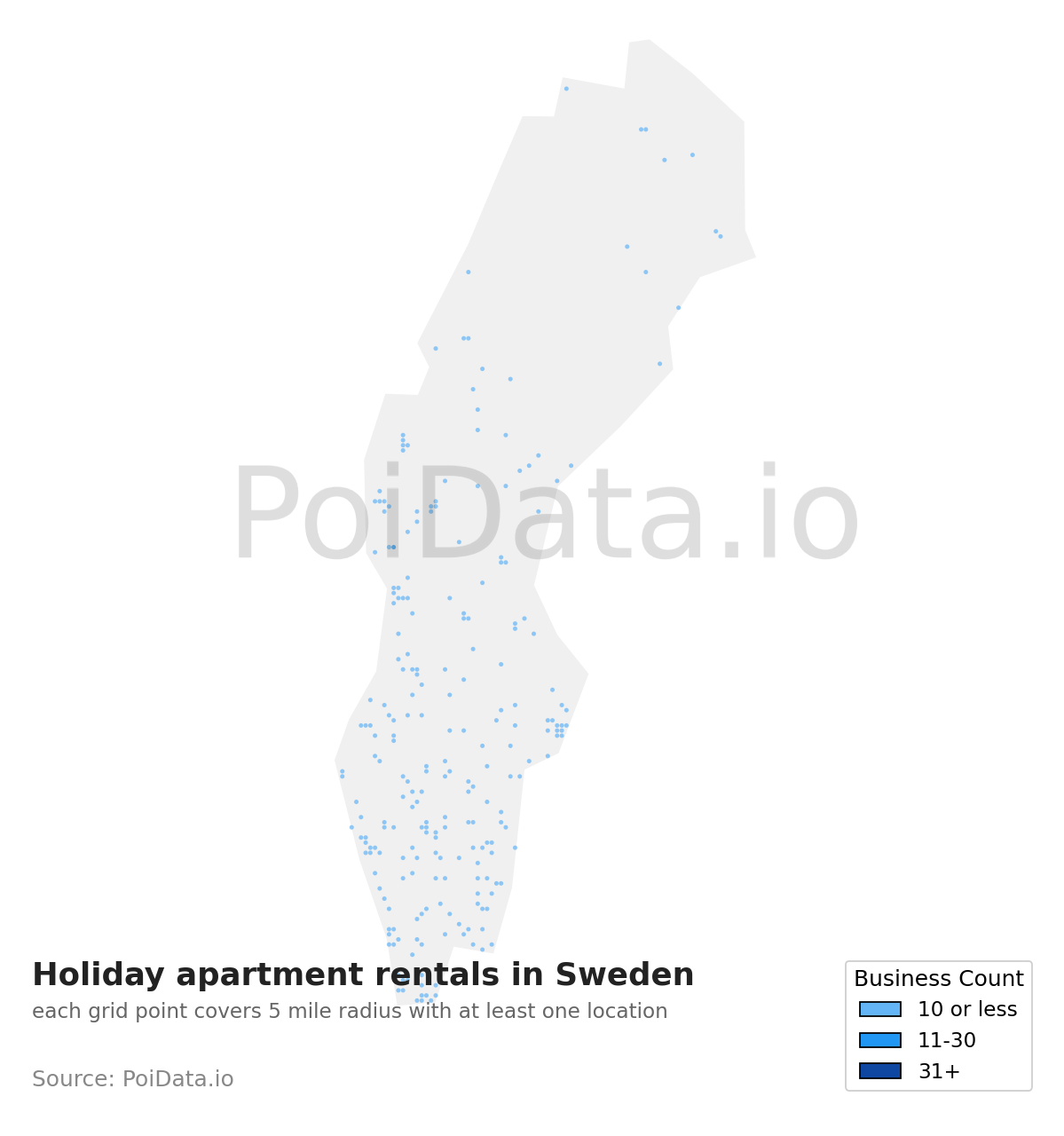 Holiday apartment rental density map for Sweden