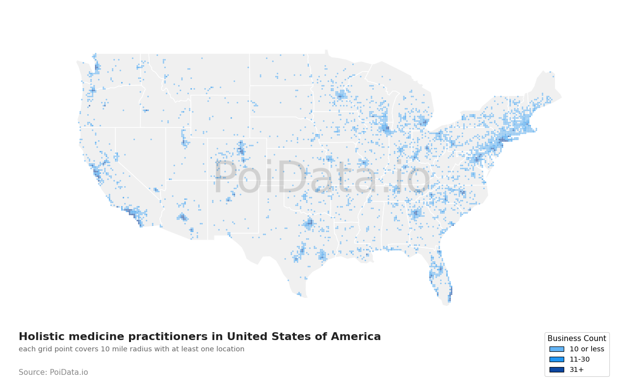 Holistic medicine practitioner density map for California, United States