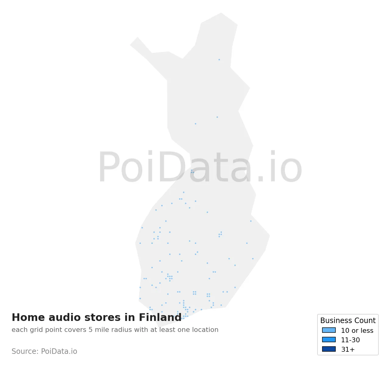 Home audio store density map for Finland