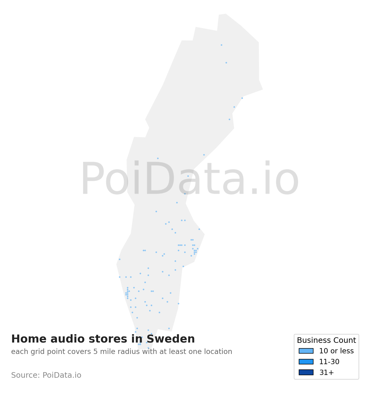 Home audio store density map for Sweden