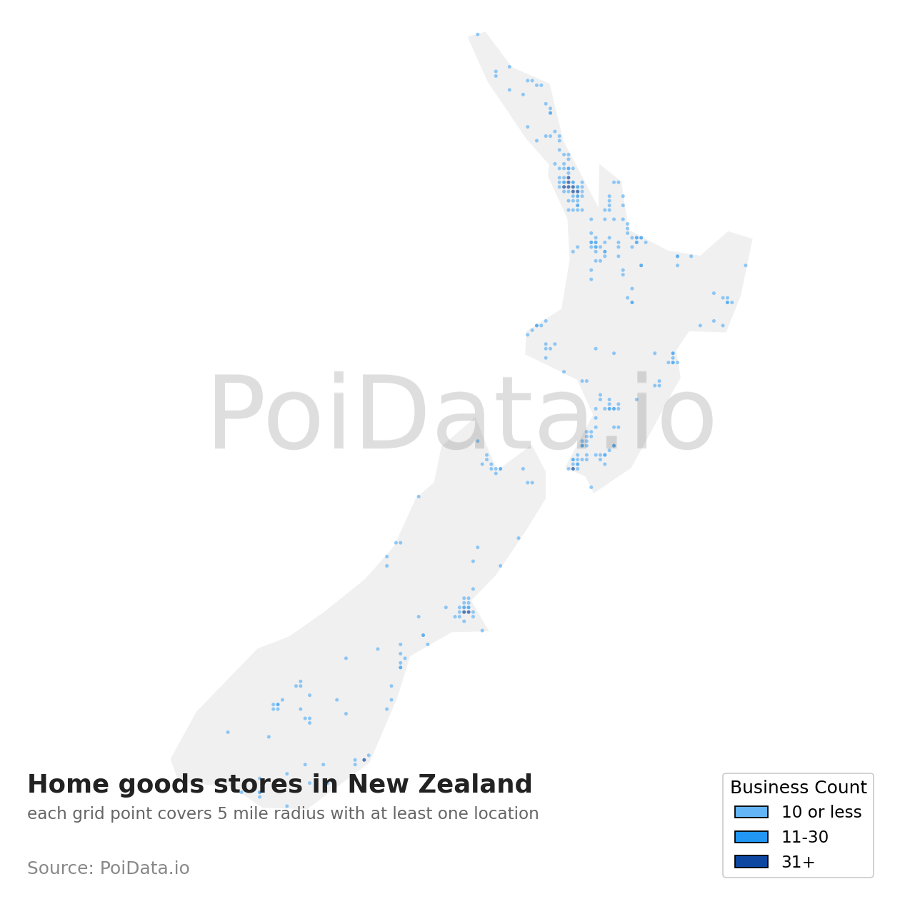 Home goods store density map for New Zealand
