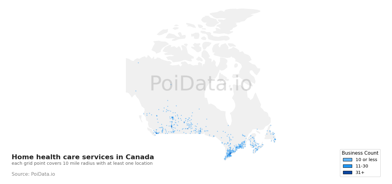 Home health care service density map for Canada