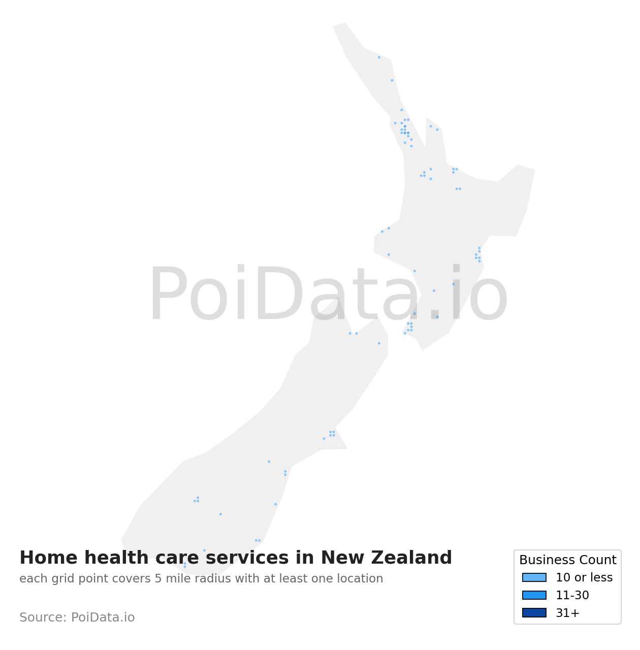 Home health care service density map for New Zealand