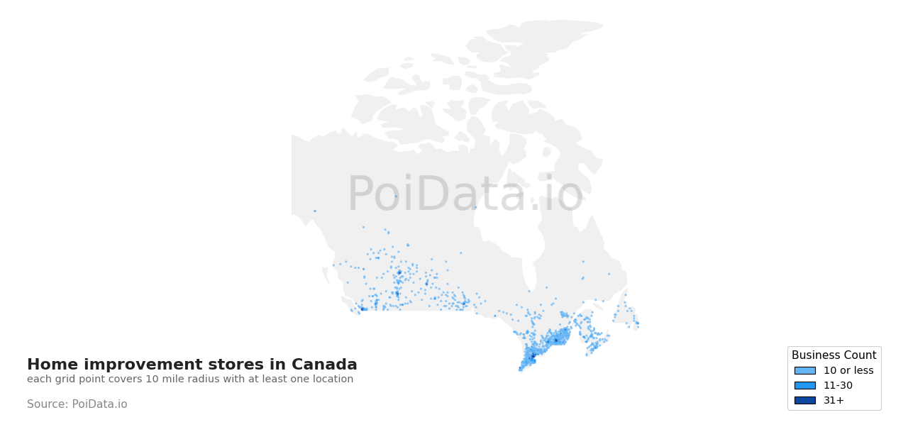 Home improvement store density map for Canada