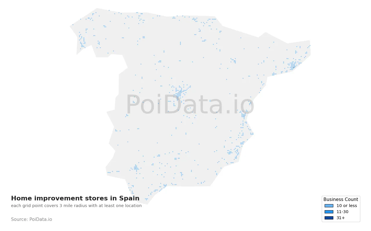 Home improvement store density map for Spain