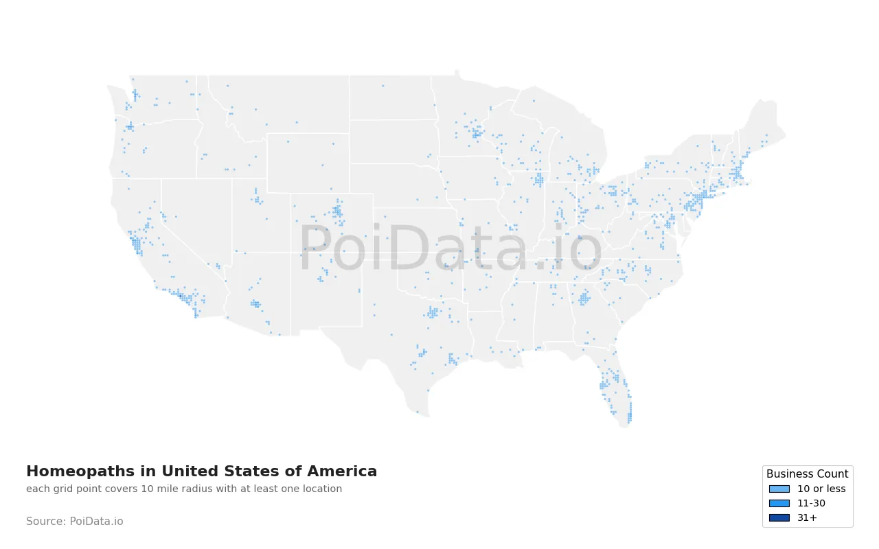 Homeopath density map for United States