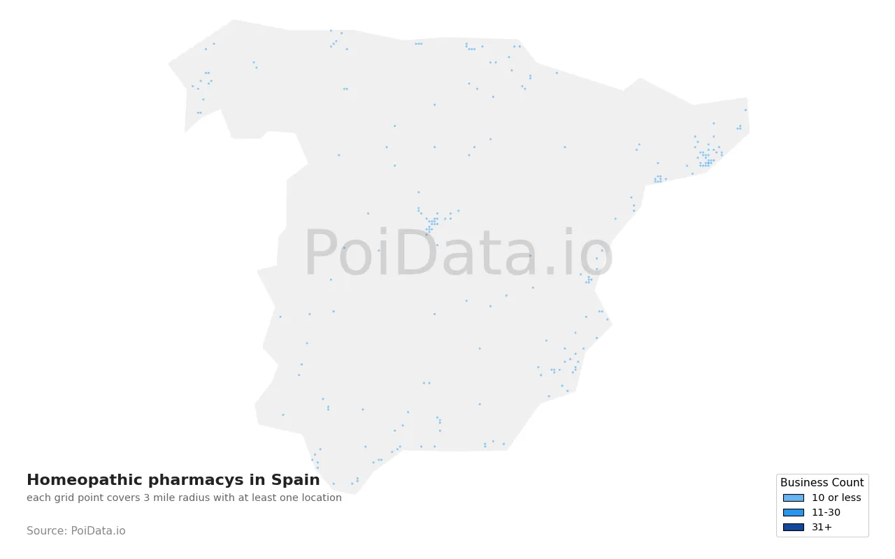 Homeopathic pharmacy density map for Spain